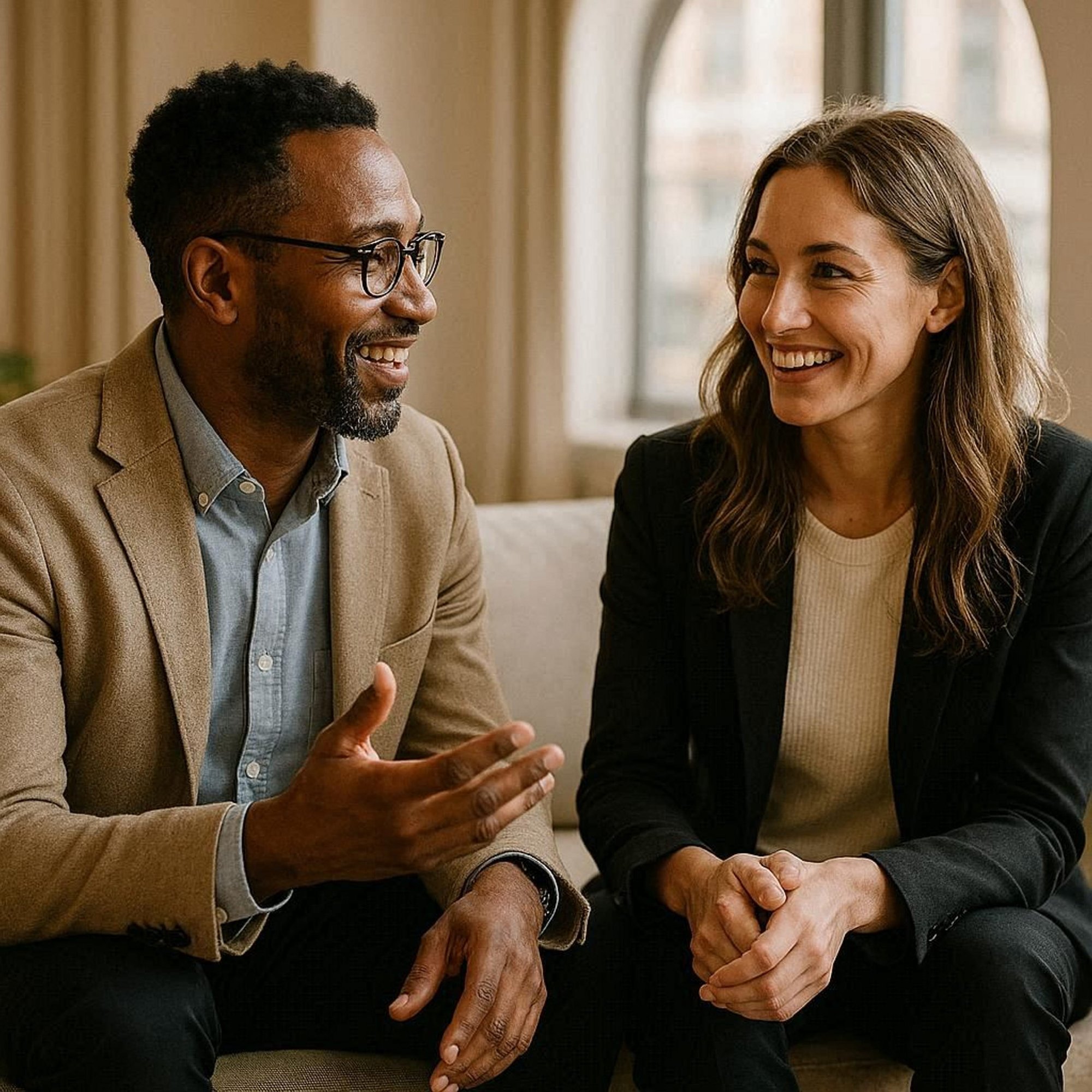 Business Couple Sitting Talking