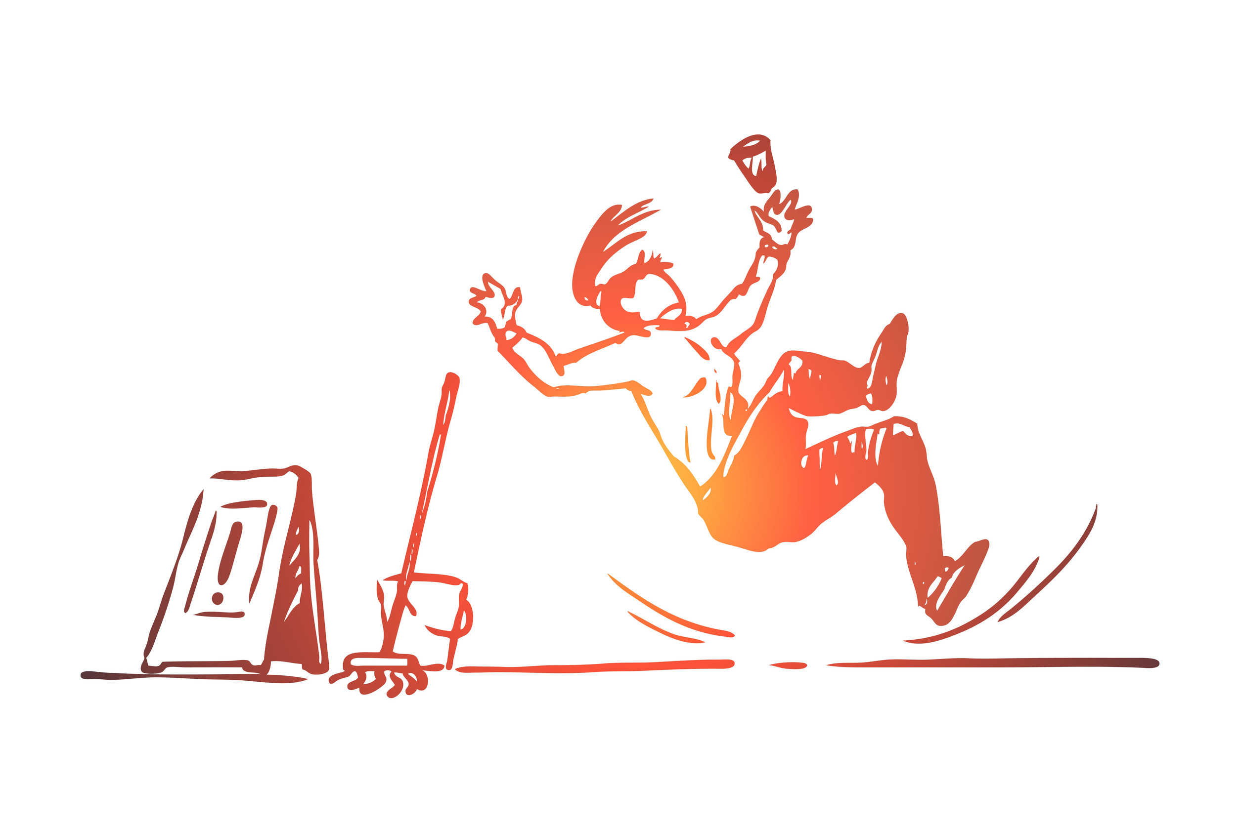 illustration of a man slipping and falling on a wet floor next to a wet floor sign