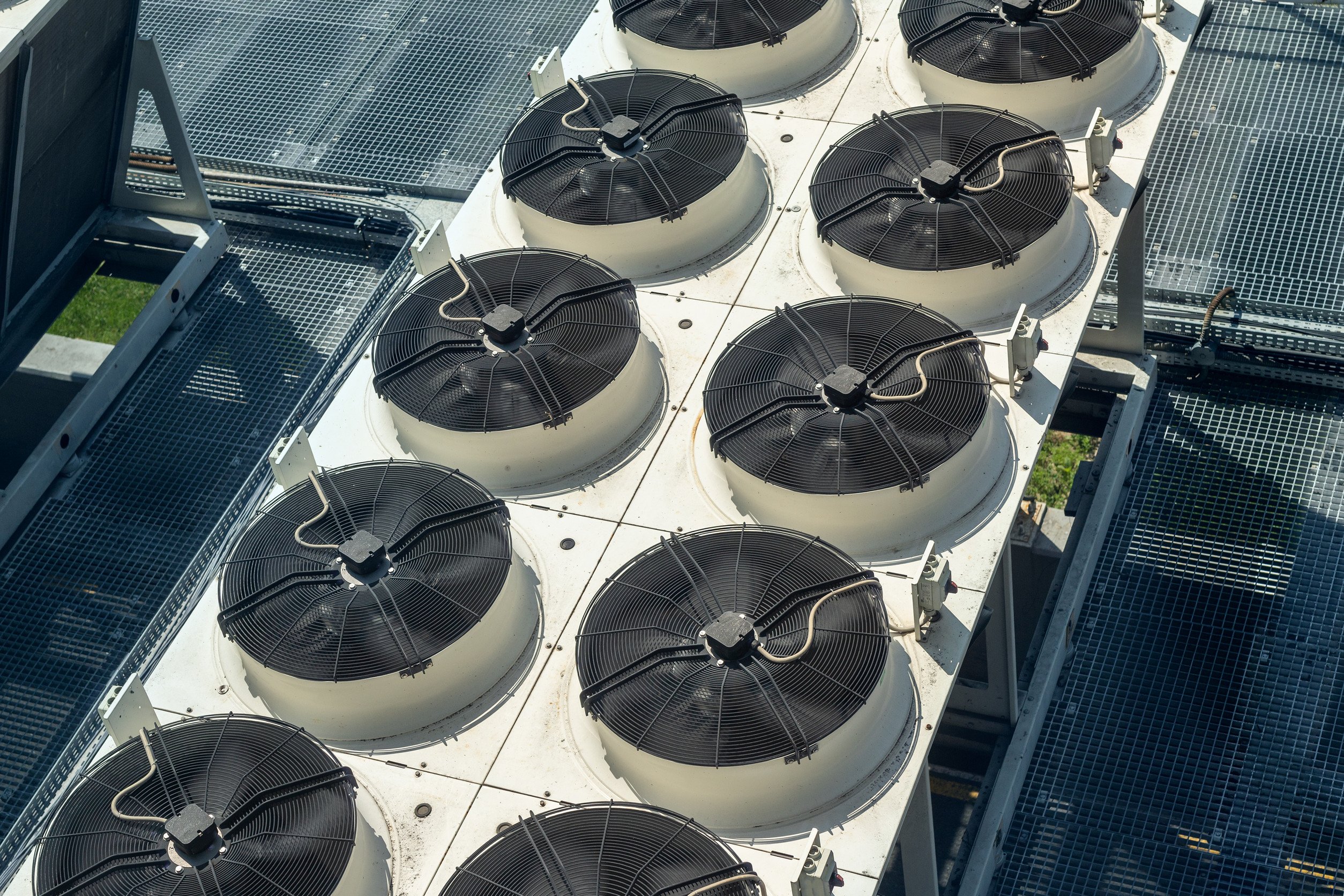 aerial view of an industrial rooftop HVAC system