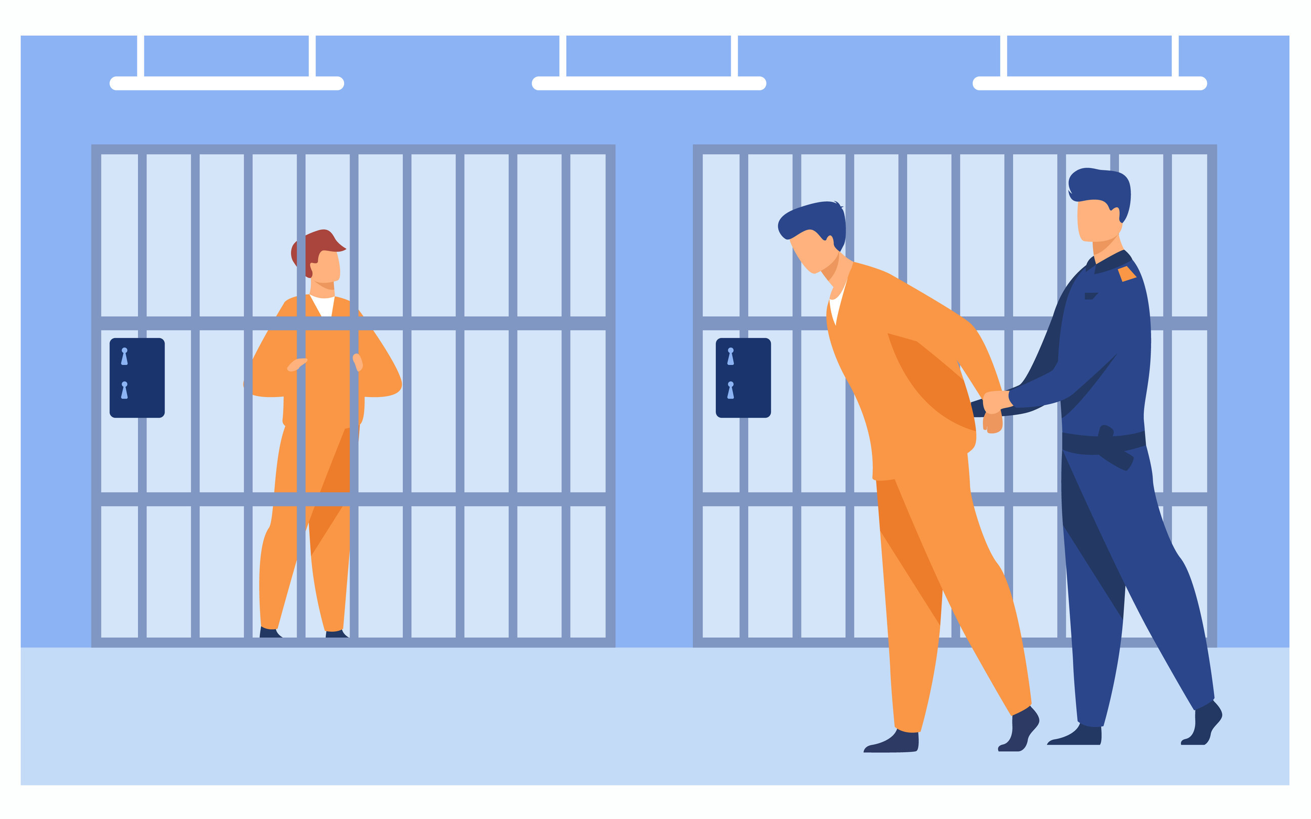 vector illustration of a correctional officer escorting a prisoner through a jail past other inmates behind bars