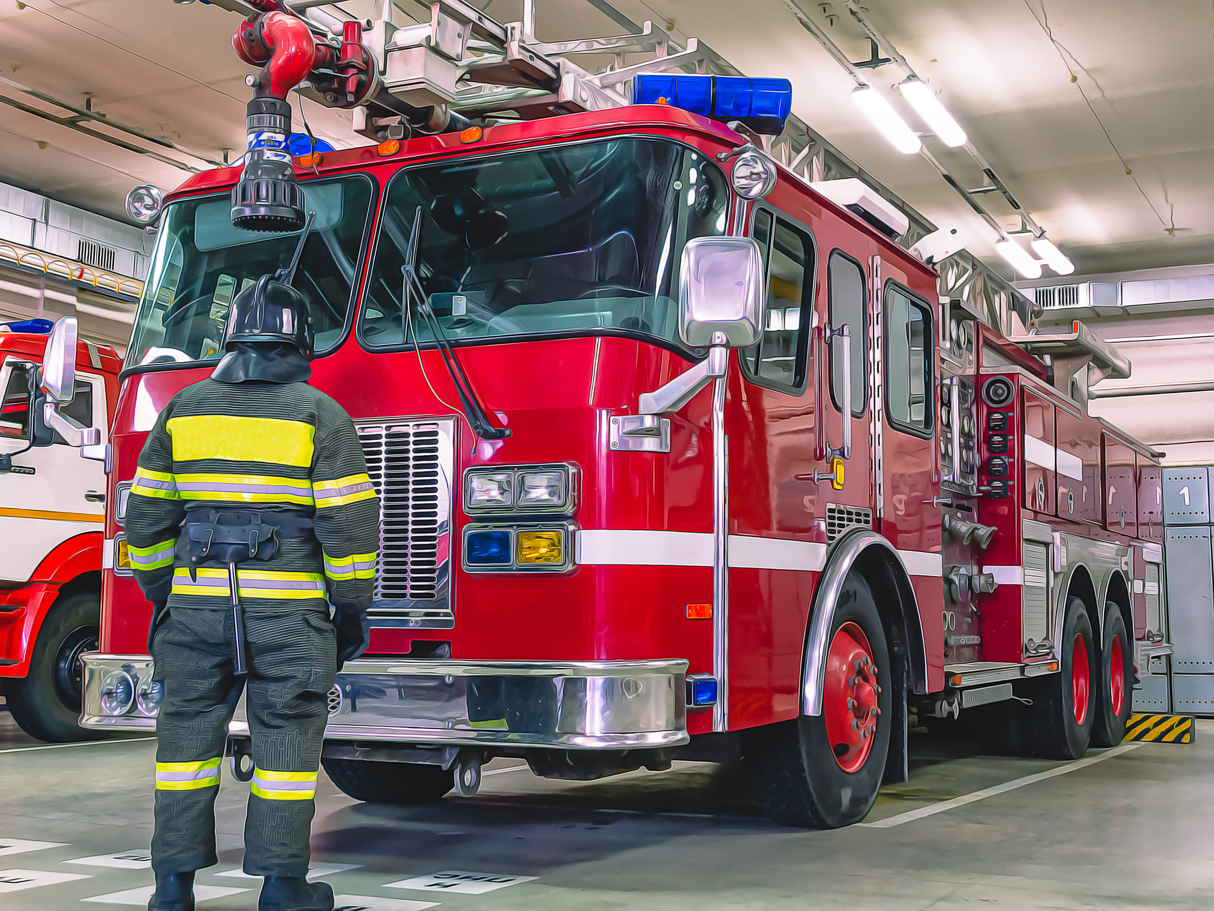 a firefighter in gear stands in front of a fire engine parked in a garage