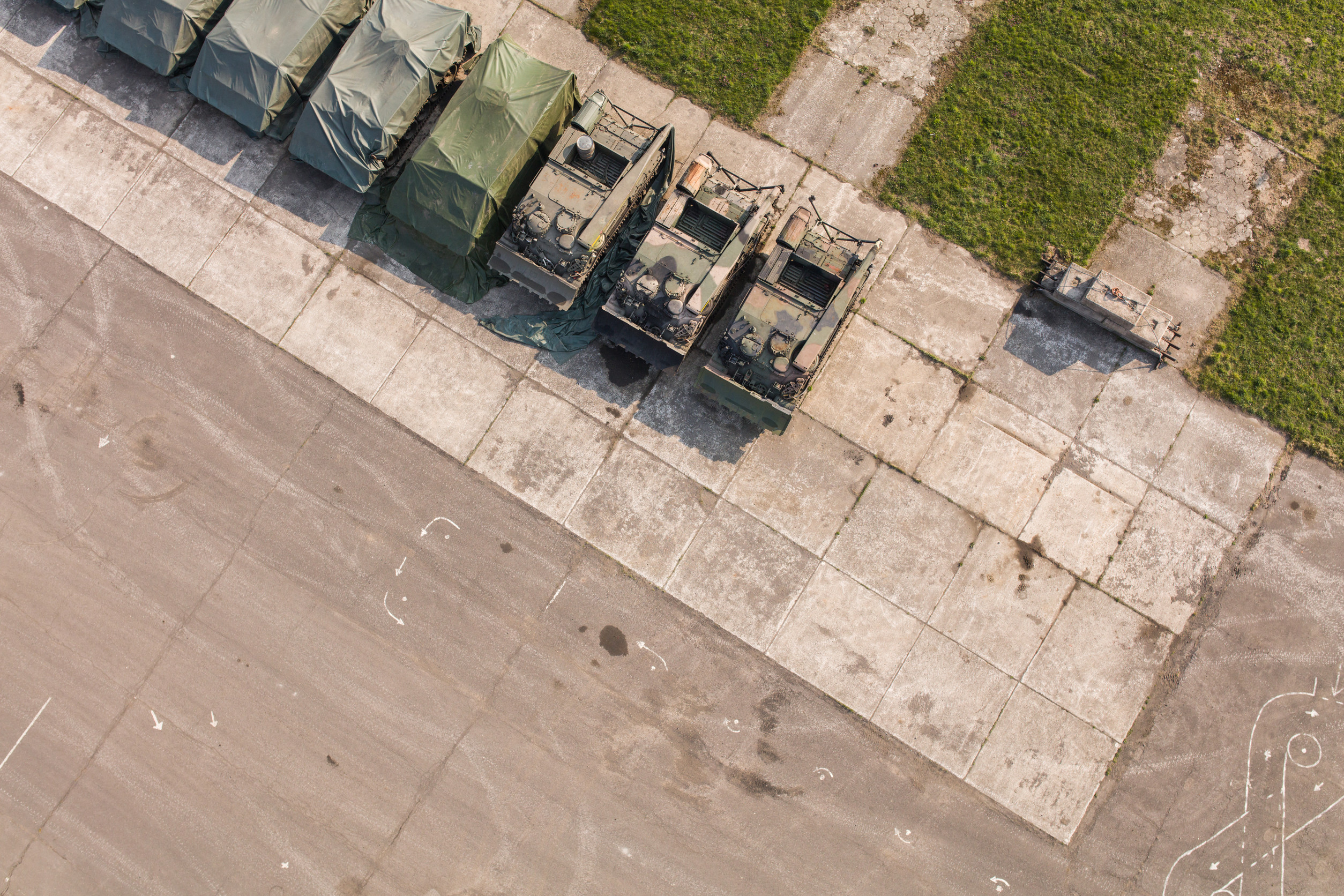 aerial view of military equipment on an army base