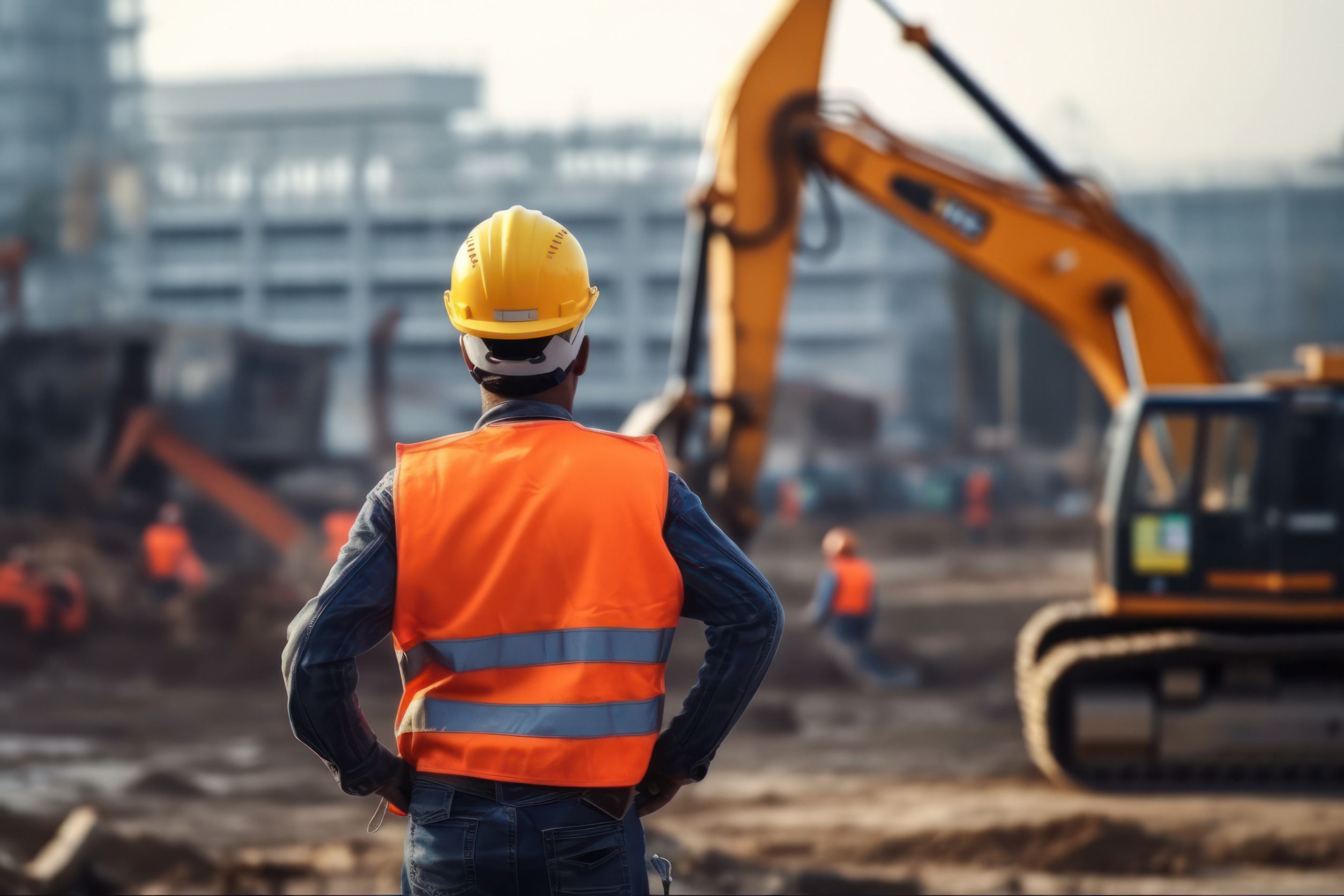 A construction worker looking at a job site with equipment and machines. 