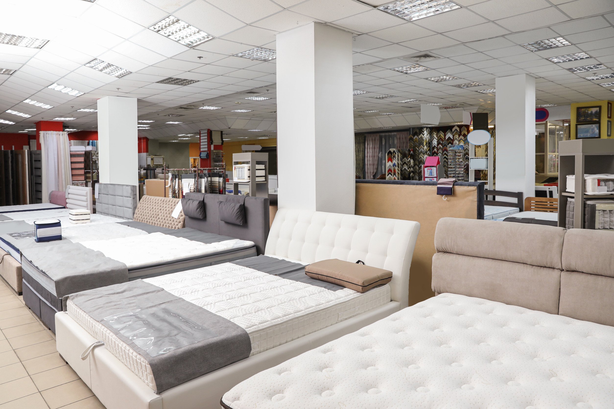 interior shot of a mattress retailer, which various mattresses displayed for sale