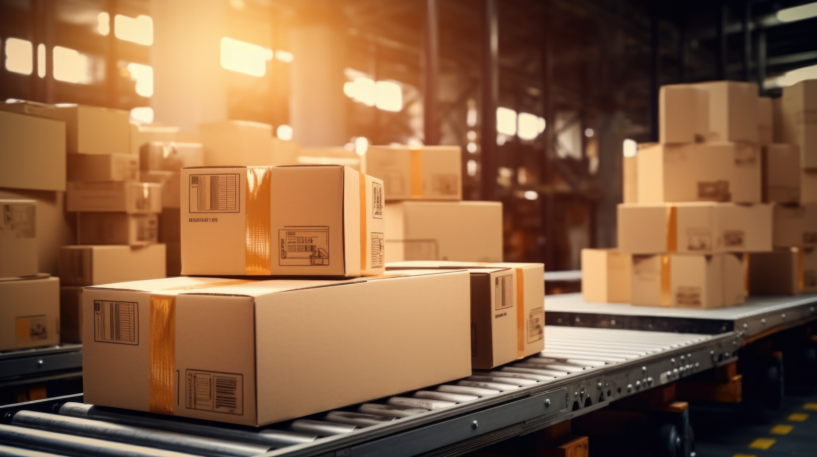 boxes move along a conveyor belt in a warehouse