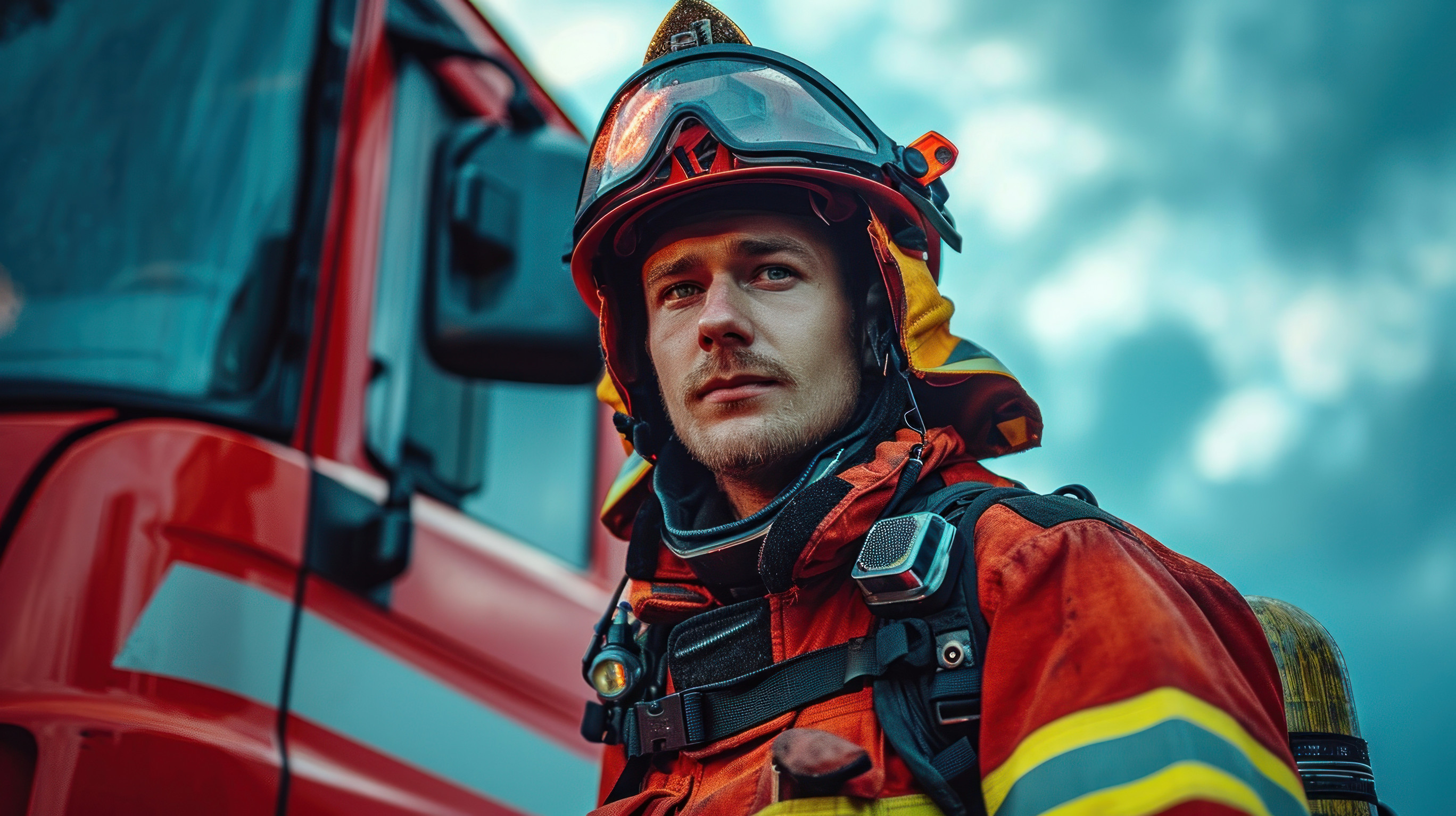 Portrait of firefighter in uniform and helmet standing in front of fire truck