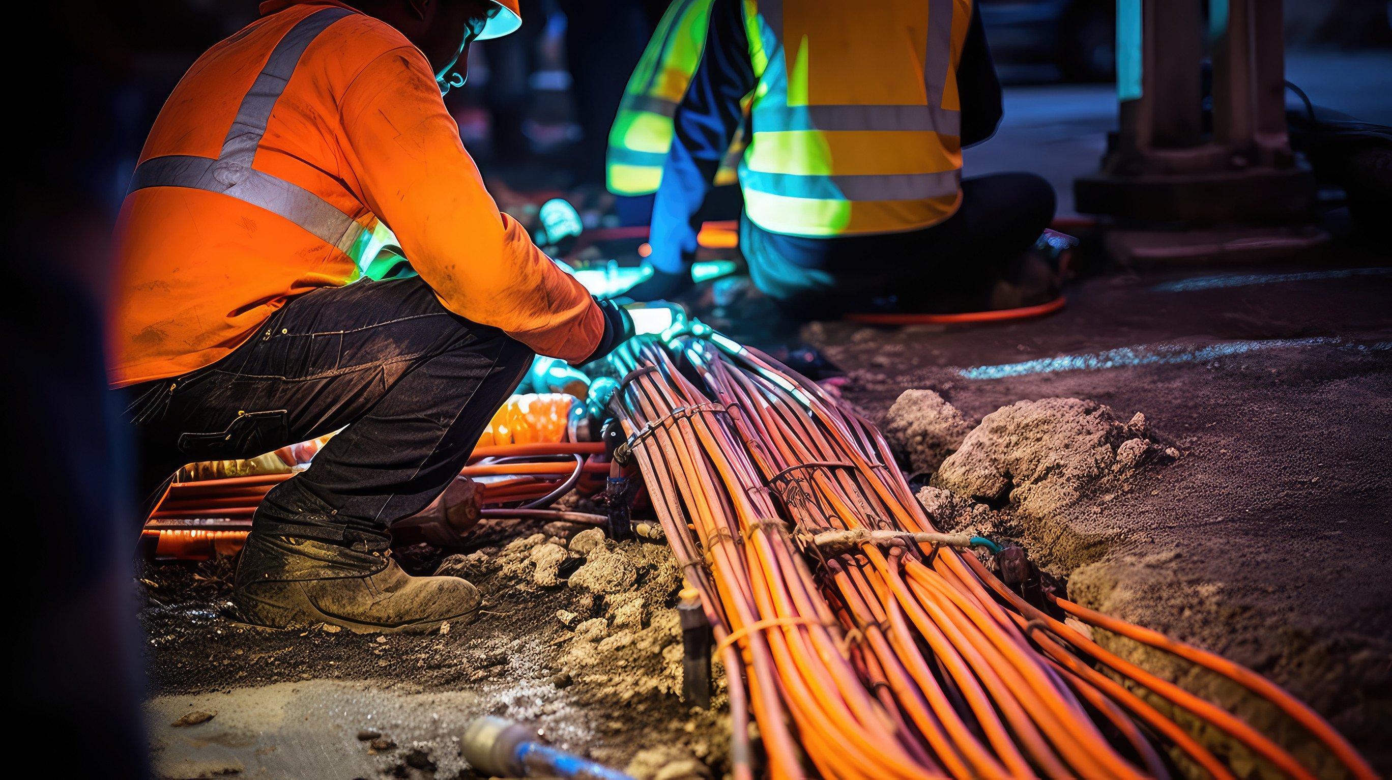 workers in high visability vests installing underground cables
