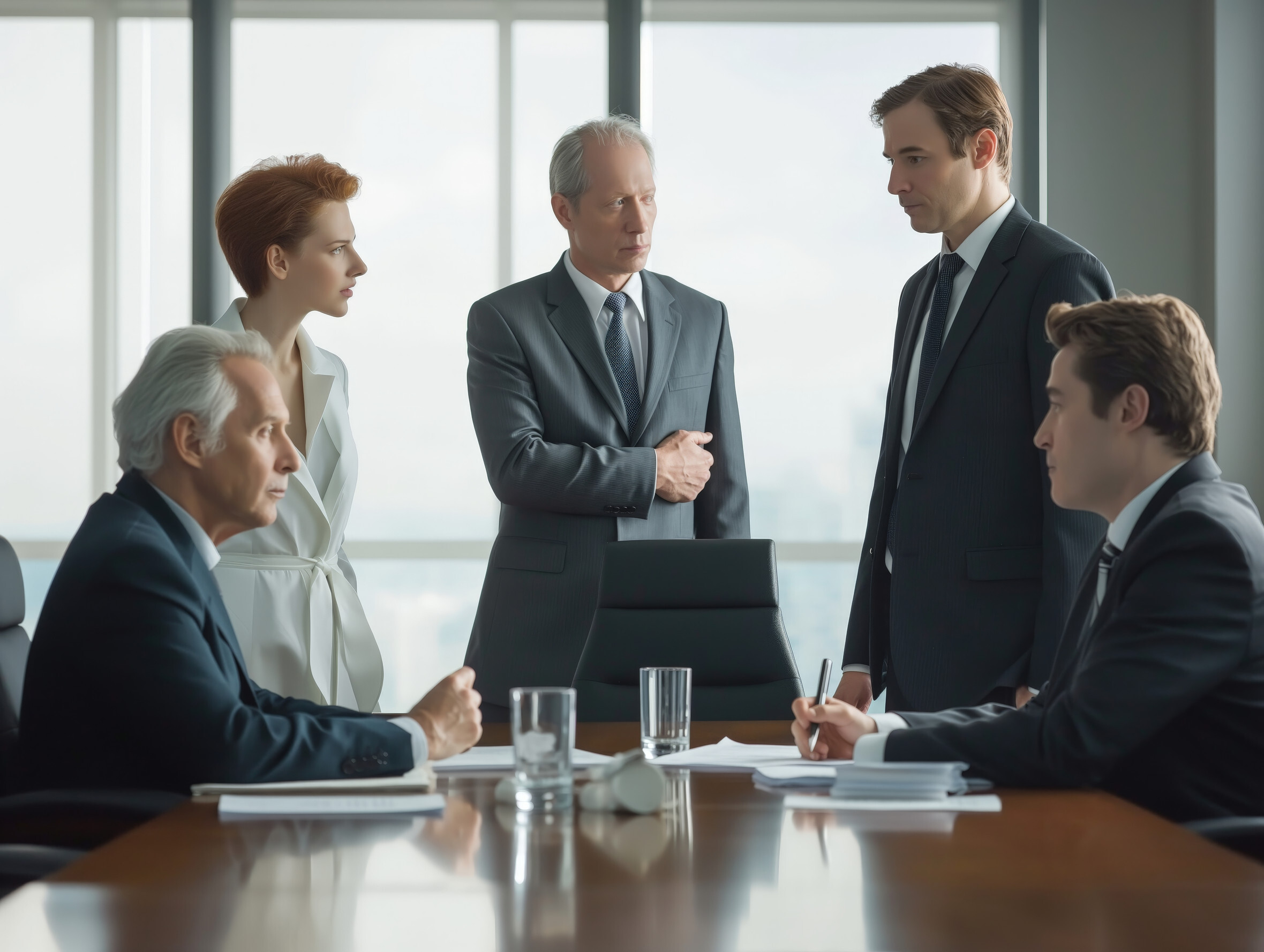 Group of professionals engaged in a serious business meeting around a table in a modern office setting.