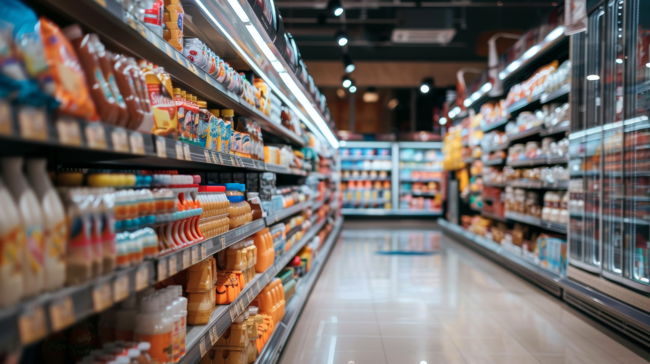 Aisle in a modern supermarket with various products on shelves
