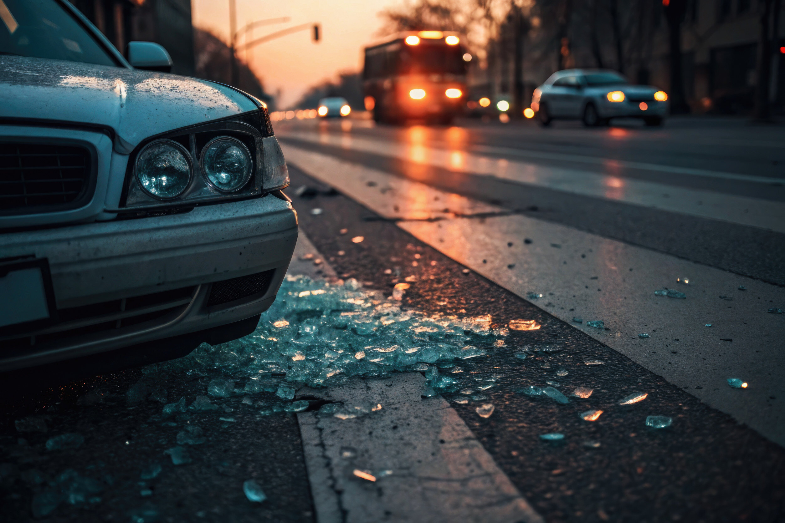 a wrecked car spun out on the side of a busy road with shattered glass on the pavement