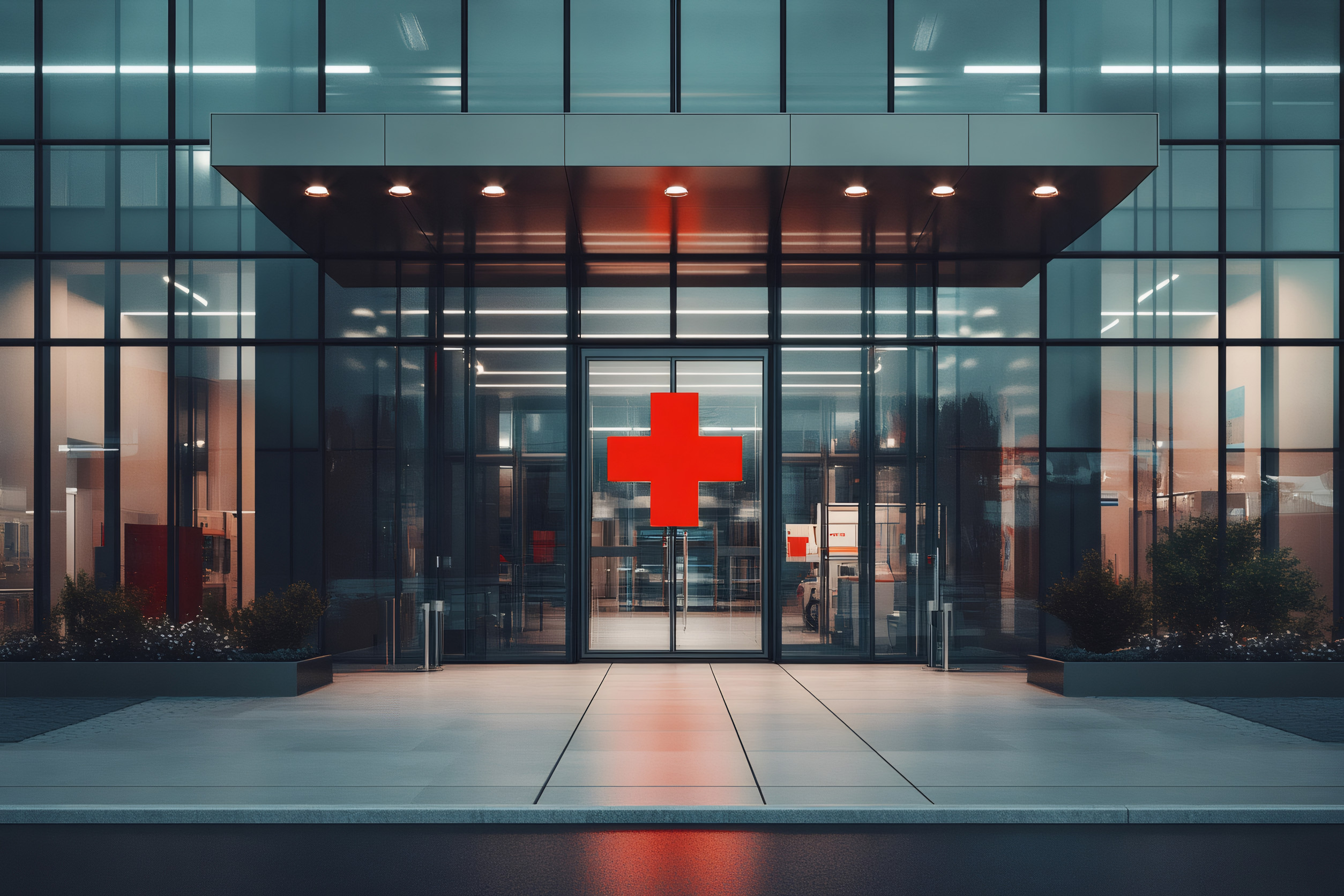 Glass facade of contemporary hospital with illuminated red cross symbol, conveying safety, healthcare, and emergency services
