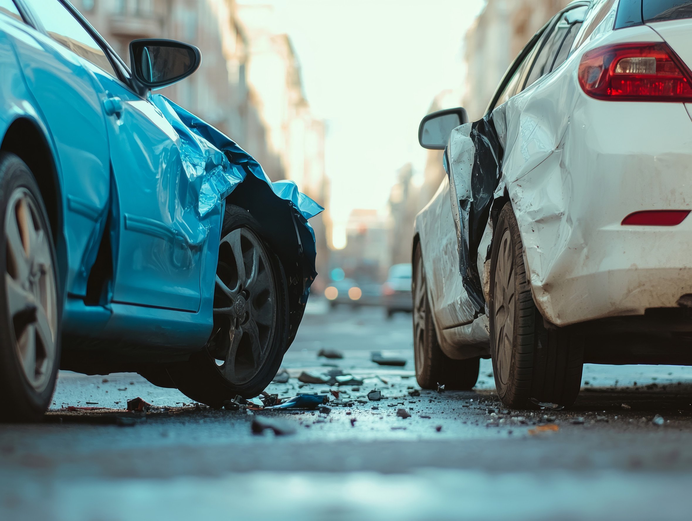 Dramatic collision close up of a white and blue accident on city street
