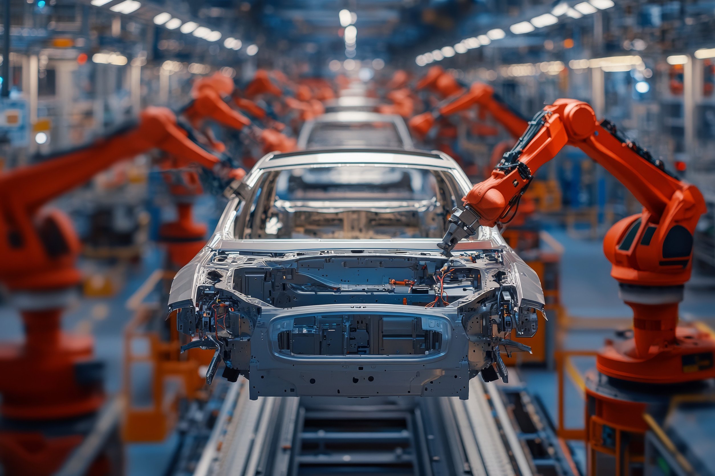 Automated car manufacturing robotic arms assembling body panels on an unfinished vehicle frame