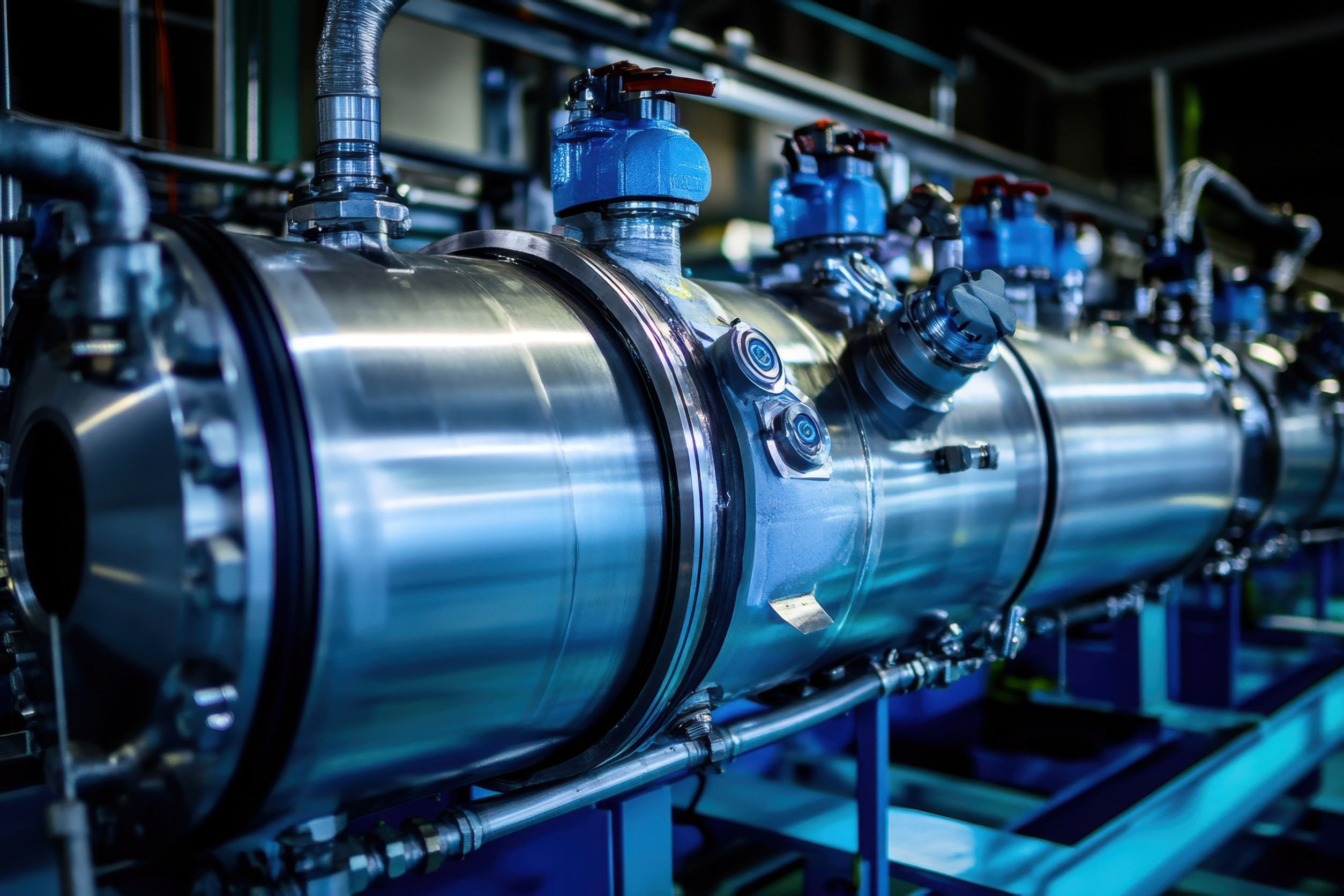 a stainless steel industrial boiler with various valves and gauges