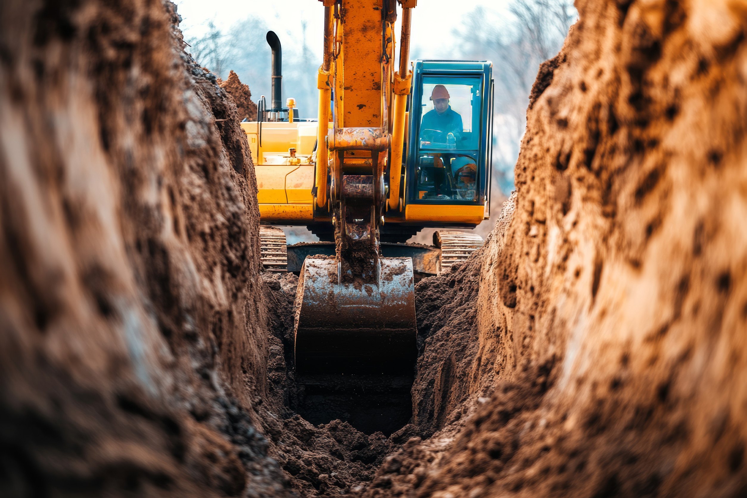 Excavator at work front view from inside a trench with construction workers and heavy equipment