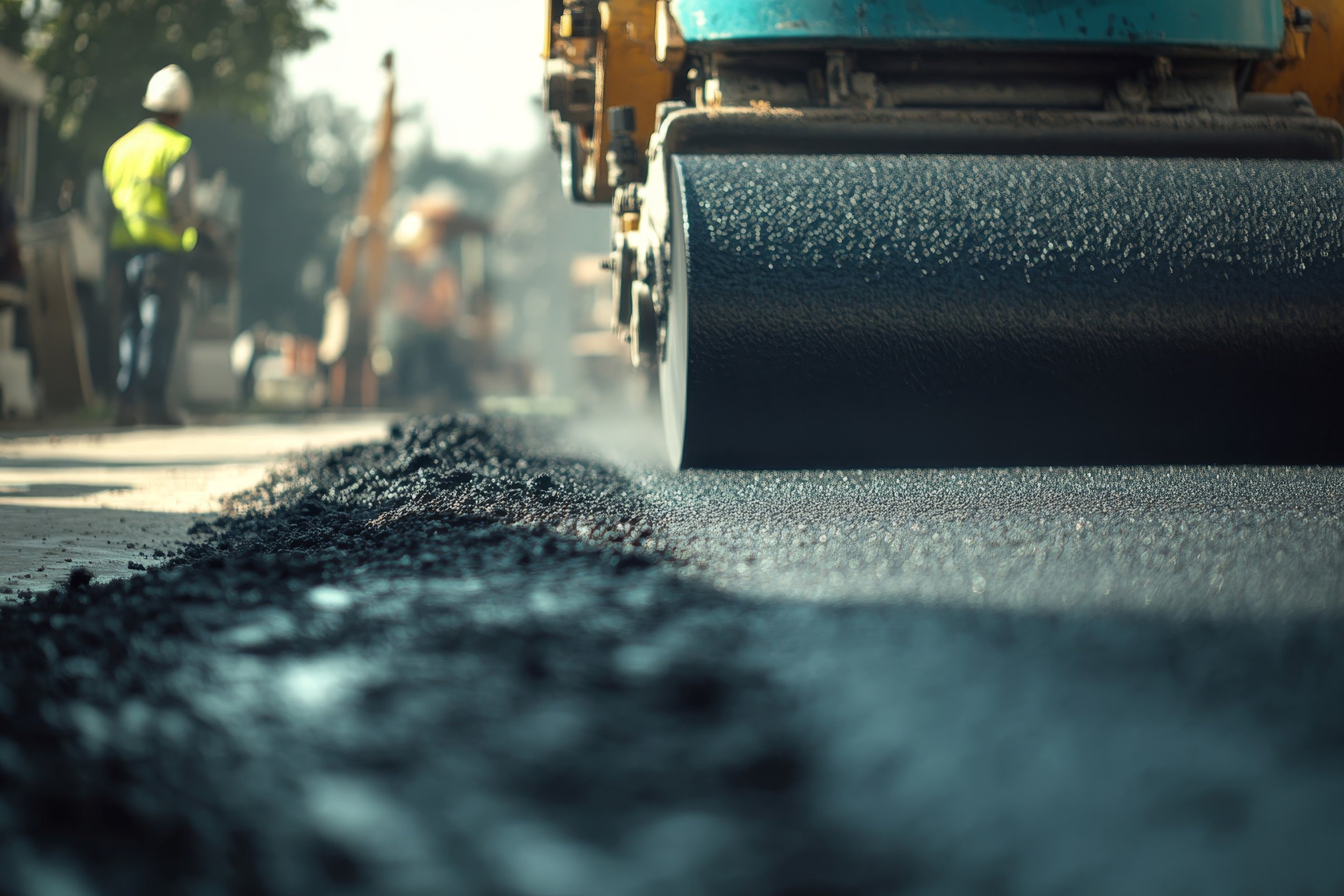 Asphalt roller compacting fresh blacktop at construction site with workers in background