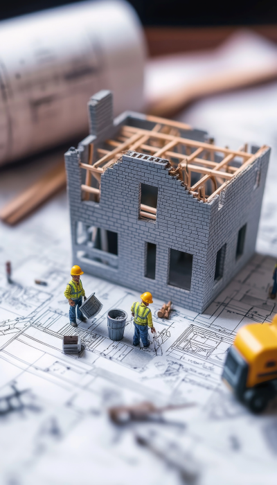 Miniature construction scene with scale model house, workers, and architectural drawings