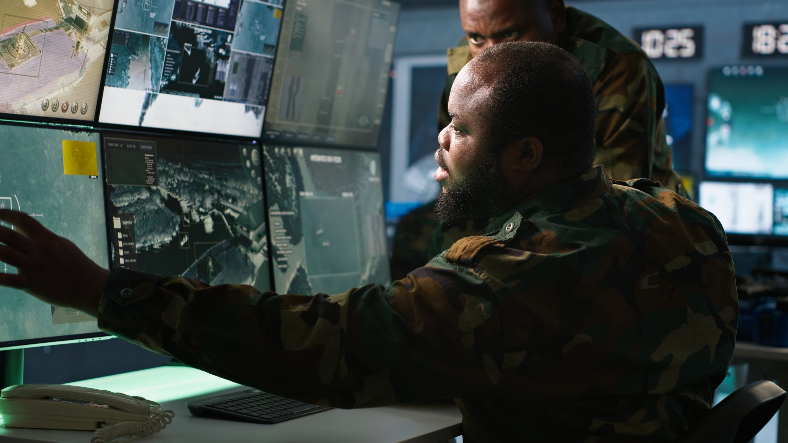 military officers examine intel on computer screens