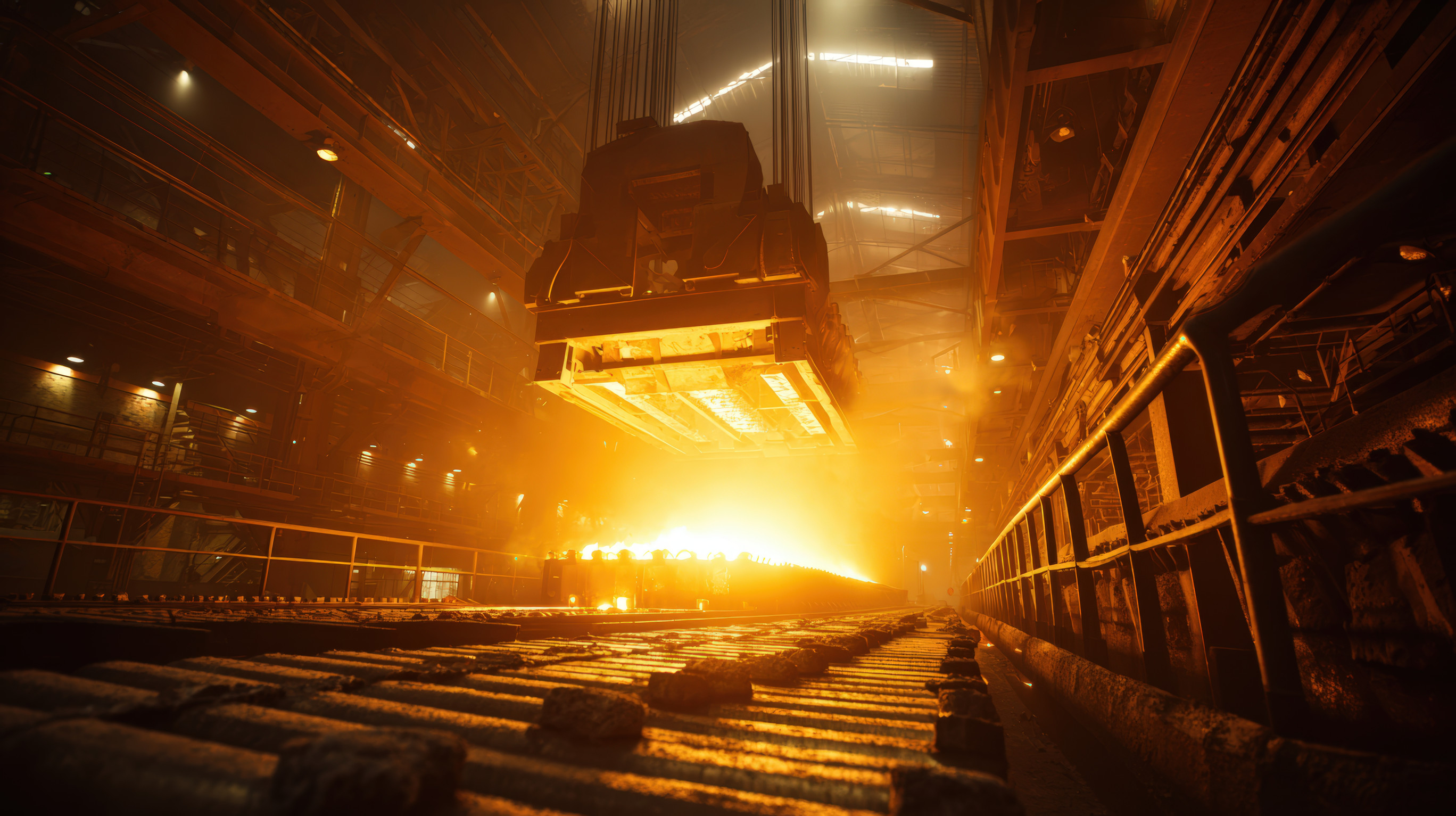 an industrial crane lifting glowing metal billets onto a conveyor inside a steel mill