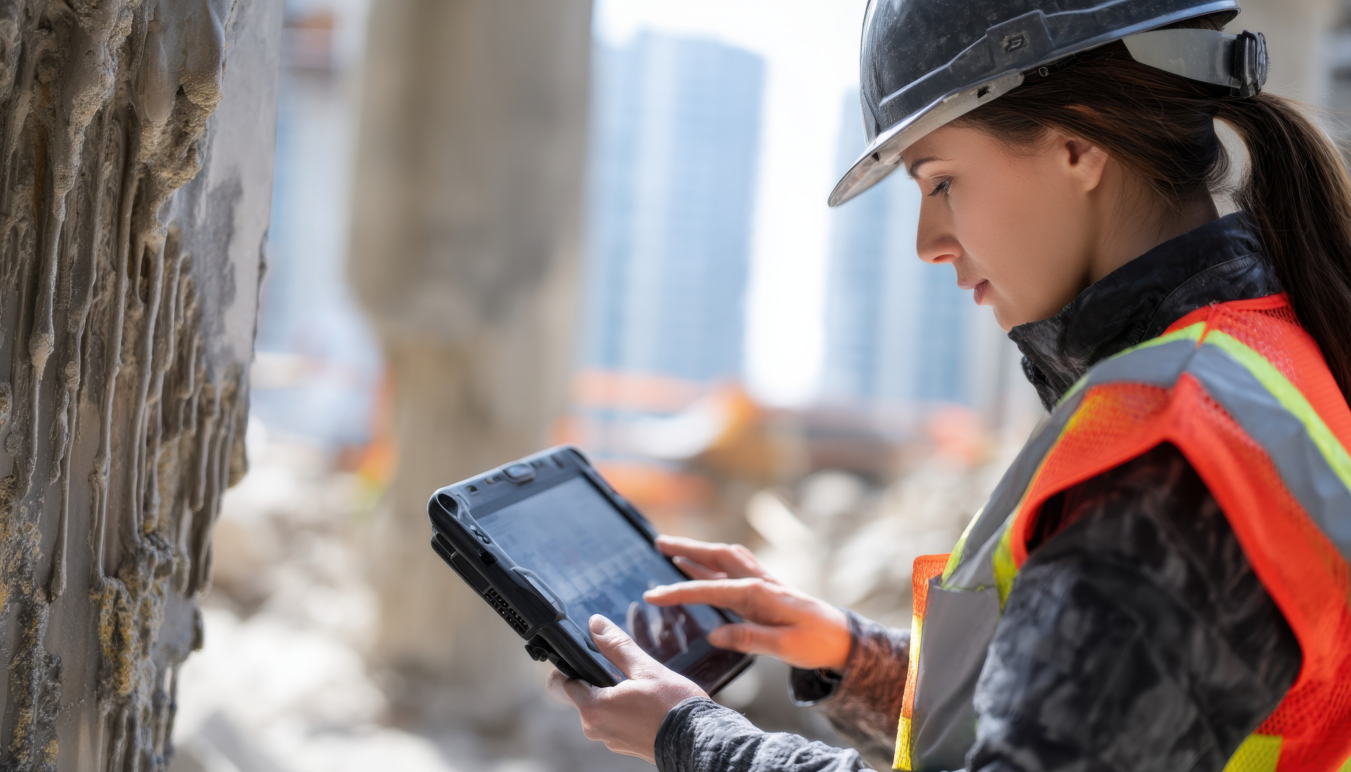 A woman wearing a hard hat and safety vest is using a tablet at a construction site