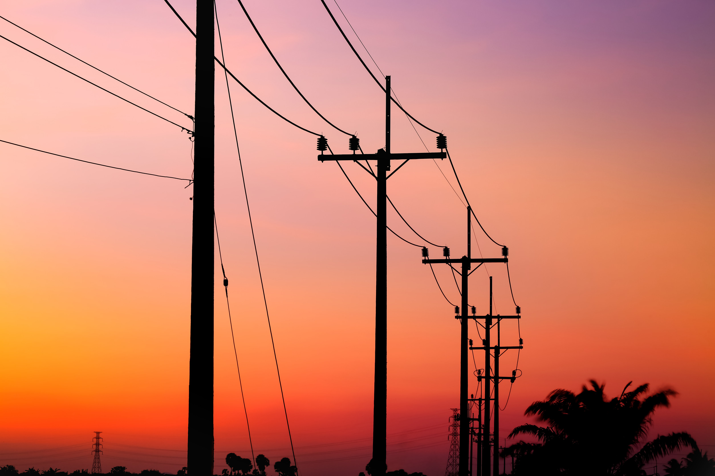 a series of electrical wires receeding into the distant sunset sky