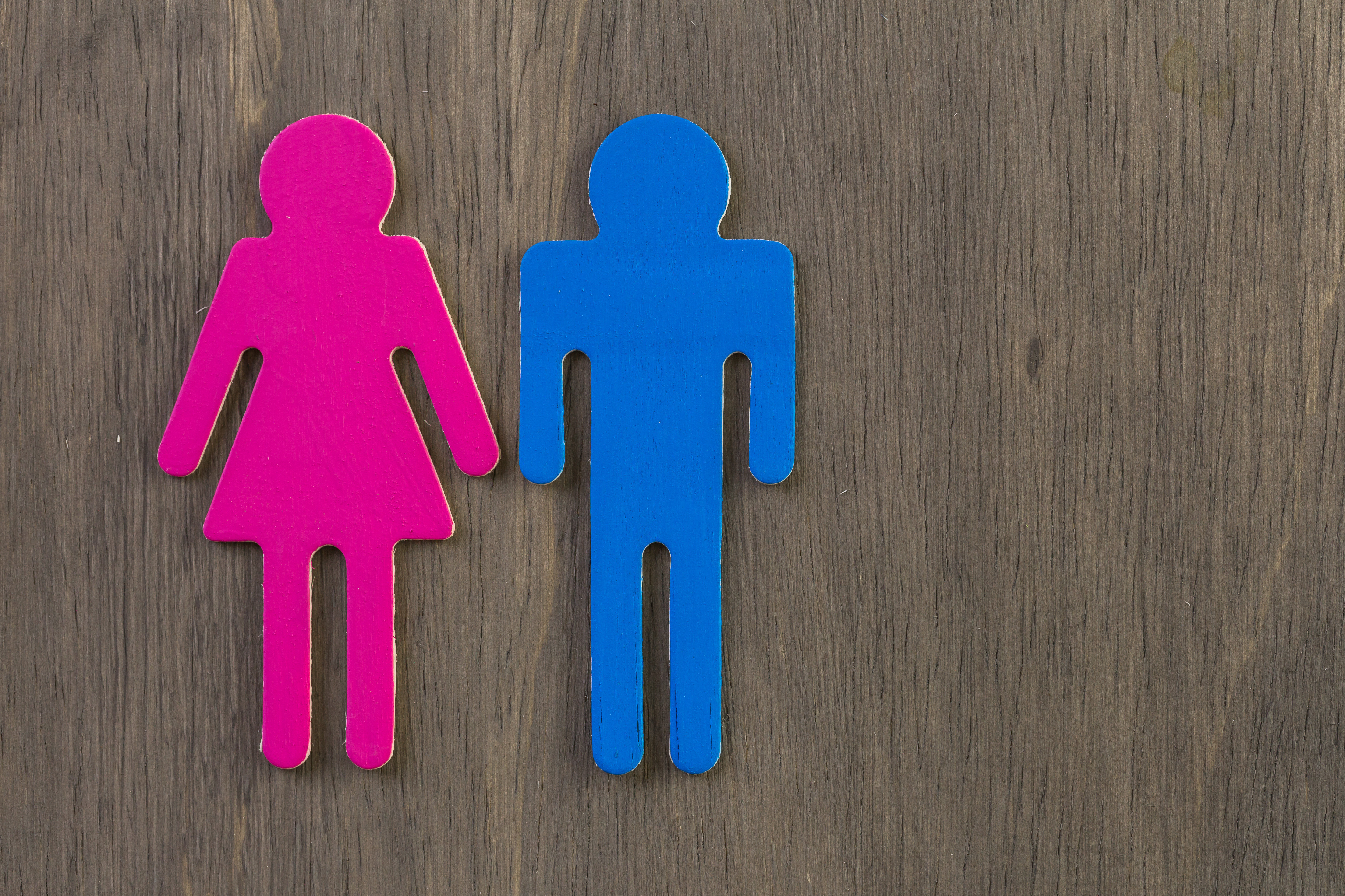 symbols for male and female typically used on bathroom doors on a wooden backdrop