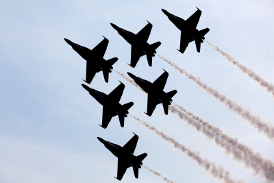 six air force jets flying in triangle formation, as view from the ground