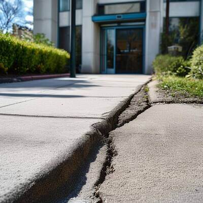 An uneven sidewalk leading to the entrance of a building