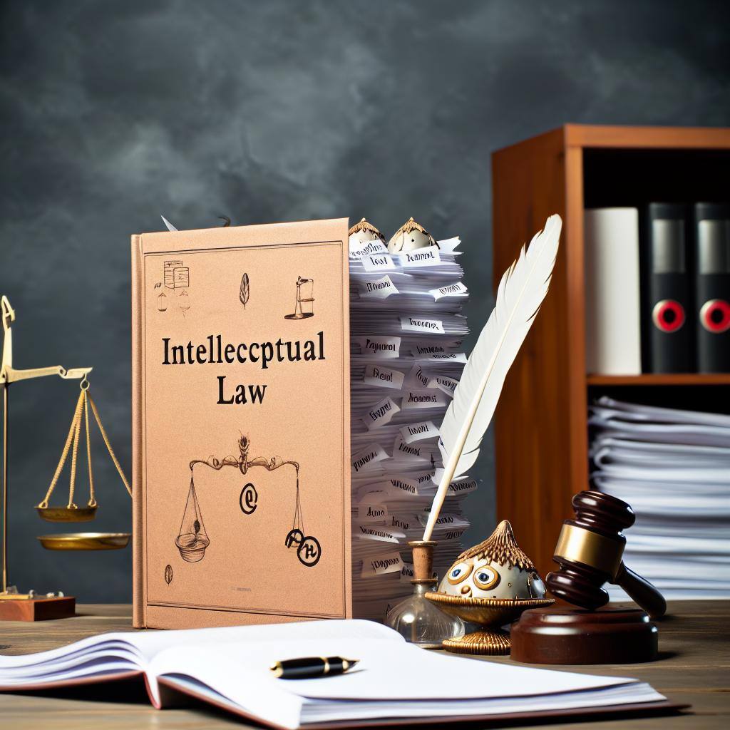 Desktop with an open notebook and an intellectual property folder