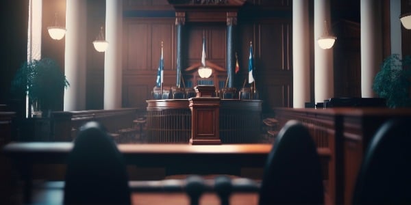interior of a courtroom with a focus on the judge's pedestal