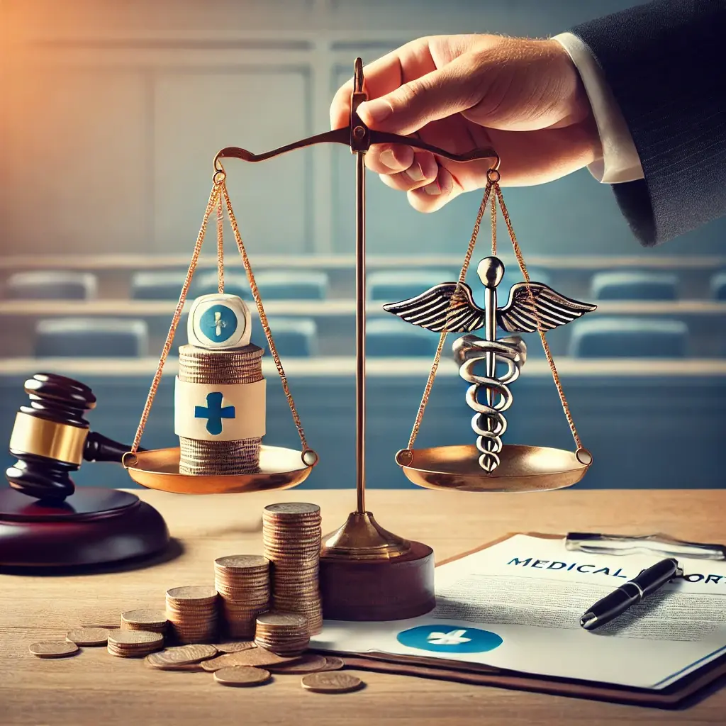 A conceptual image of justice scales in a courtroom setting. One scale holds a stack of coins symbolizing financial disputes, while the other holds a gavel and a medical report, representing legal and health matters.