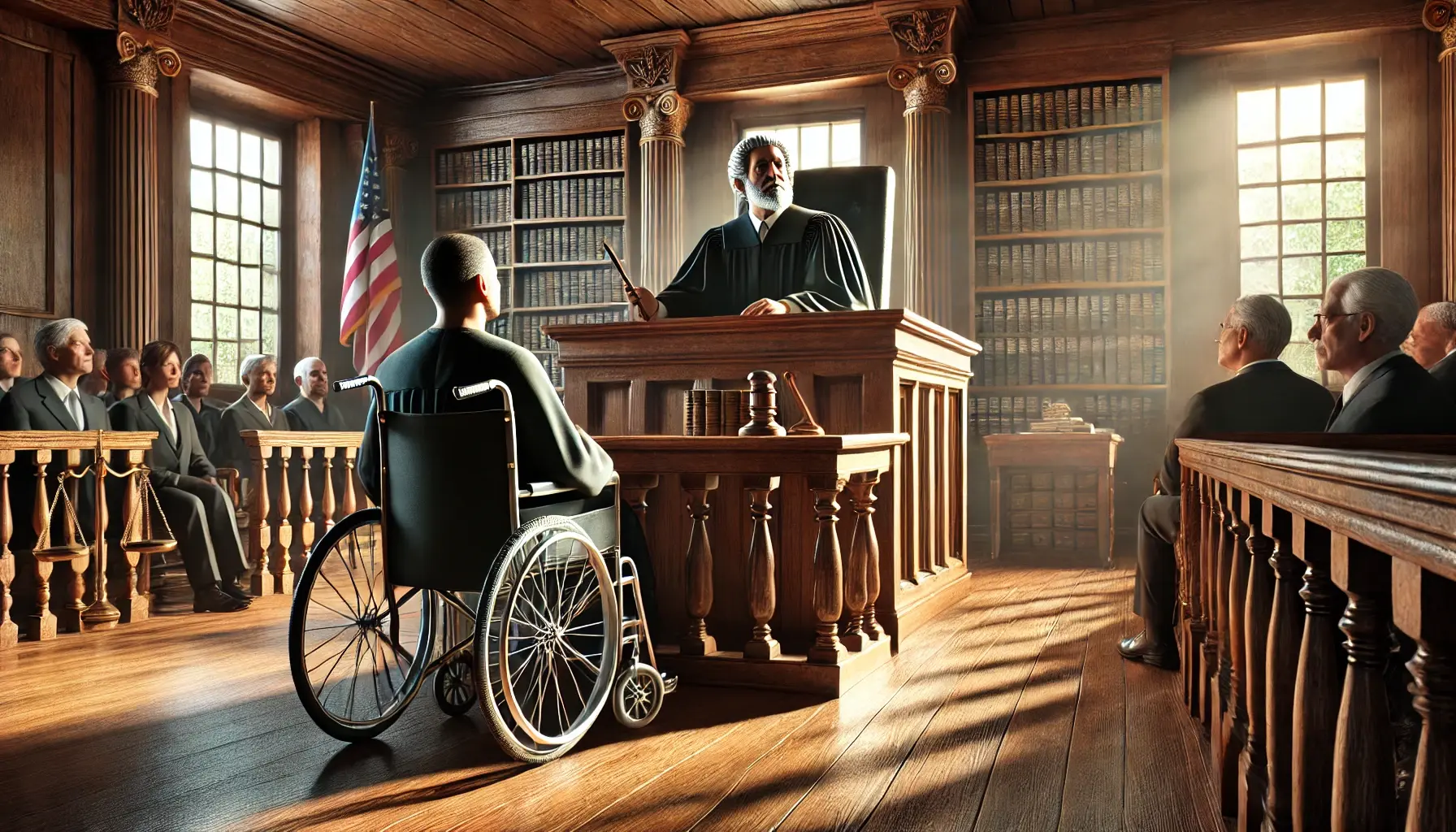 Judge at a bench with a person using mobility aids presenting a case