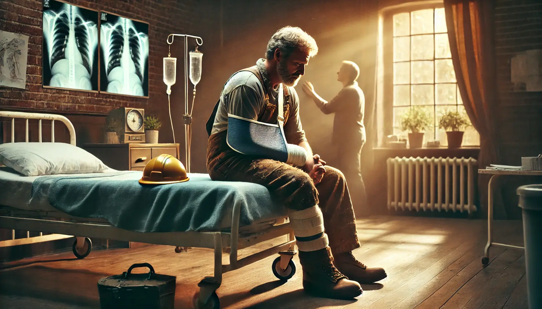 Injured man in a sling sits on hospital bed next to a yellow hard hat