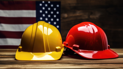 red and yellow helmets on a wooden surface with an american flag in the background