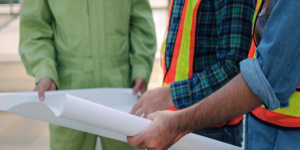 image of several people in outdoor work attire looking at blueprints