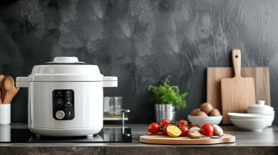pressure cooker on a kitchen counter next to a cutting board covered in fruits and vegetables and various kitchenwares
