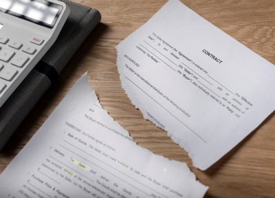 Torn contract on wooden desk