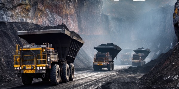 Two large trucks carrying coal on a dirt road