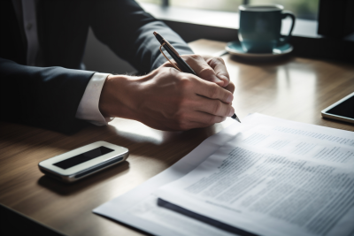 person in business suit holding pen and signing papers laid on a wooden desk