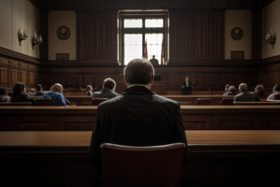 view from behind of man sitting in a sparsely populated courtroom