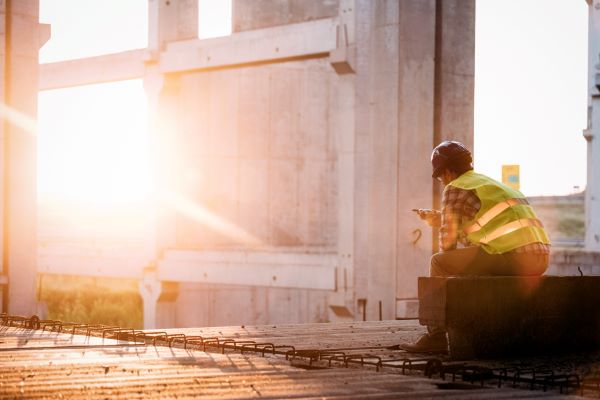 Construction worker sitting at job site