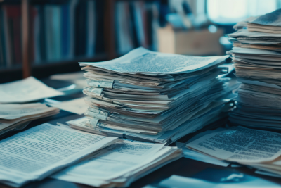 A messy desk covered with various stacks of papers