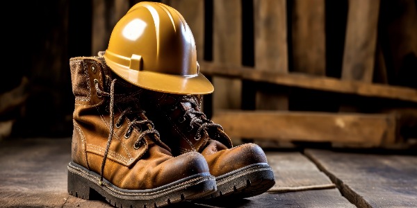 Work boots with a hard had resting on them.