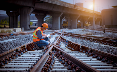 railway worker examining train tracks near an overpass
